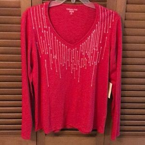 < NWT Coldwater Creek Red Silver Thread Embellished Knit Top - M